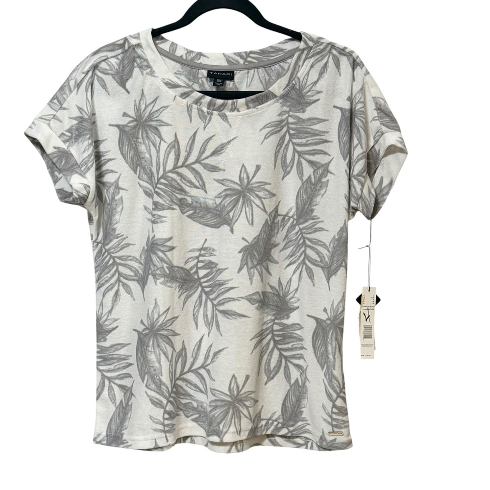 Tahari Womens Grey White Tropical Leaf Print Short Sleeve Top Size Medium NEW